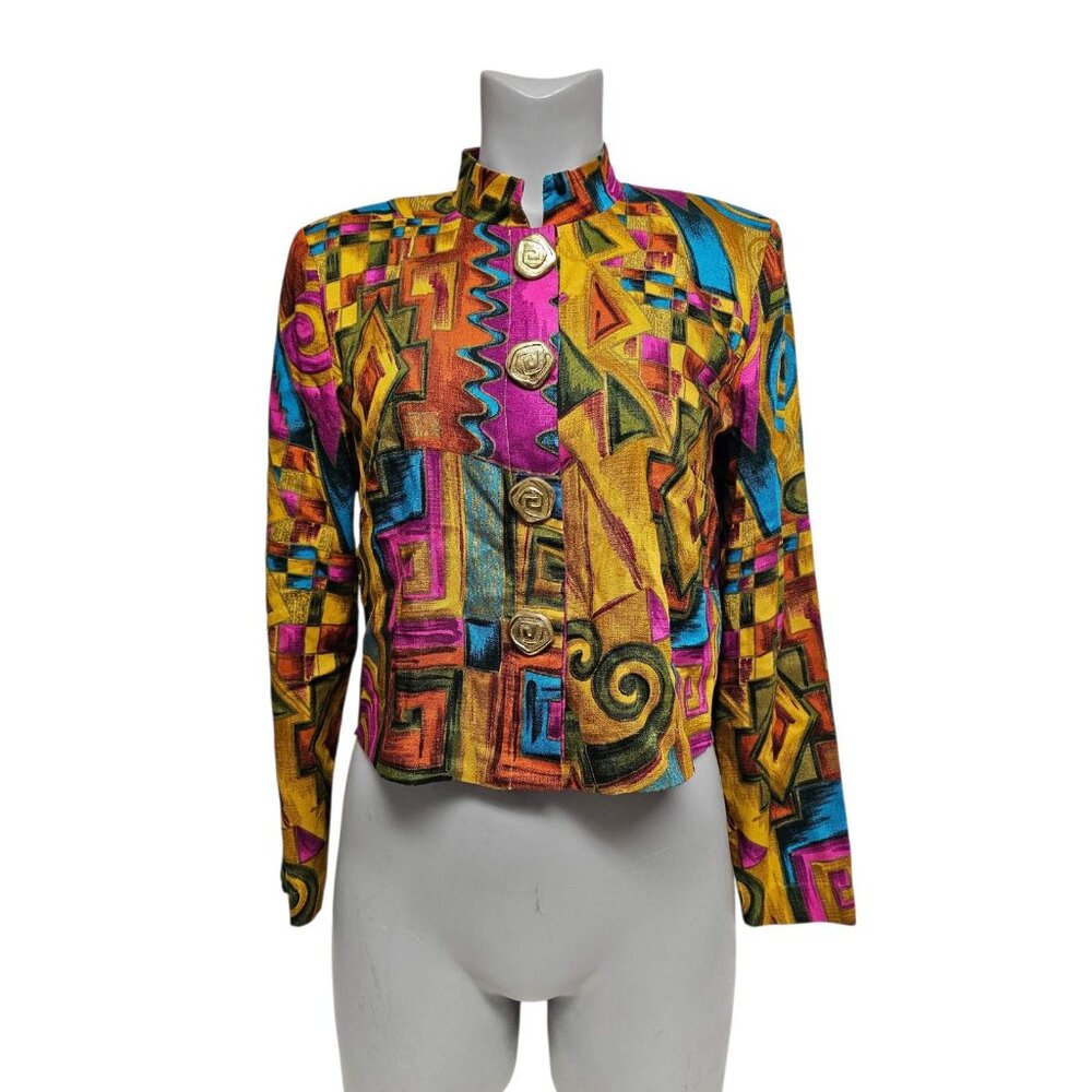 80s - 90s First Focus multi-color printed  long sleeve button down cropped top